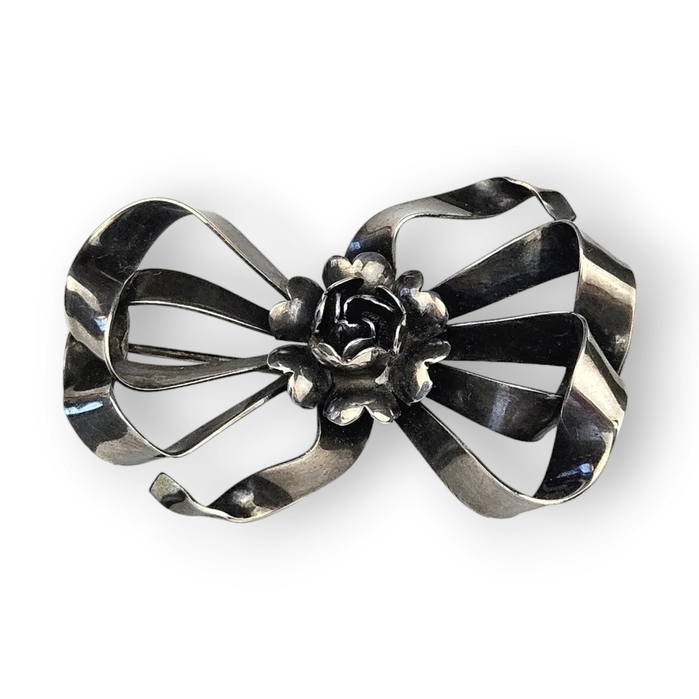 Vintage Rose Bow Brooch Sterling Modernist MCM Flower Floral 925 Silver 2.25"